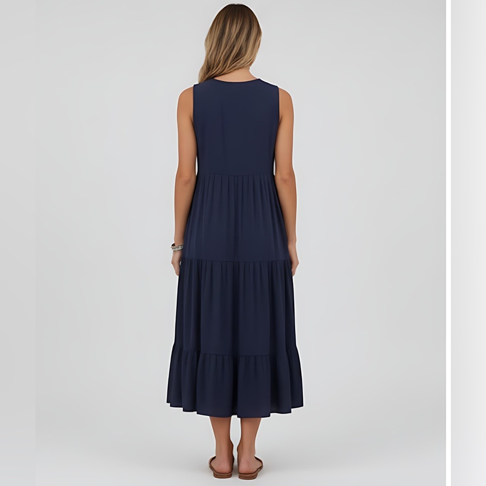 Boho Viscose Button Detail Layered Hem Smock Dress Maxi Blue - Picture 4 of 7